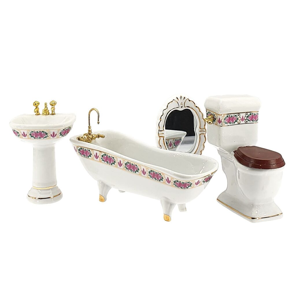 15560　Bathroom, deluxe, porcelain, white, with décor 4 pcs.  バスルームセット（フラワー・ピンク）